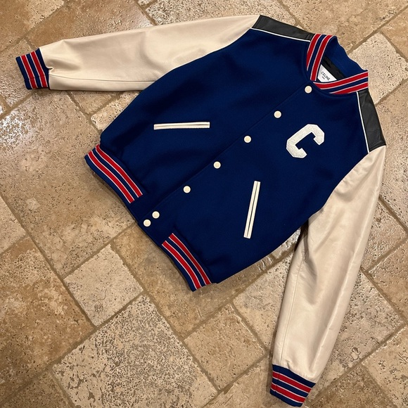 Celine x Hedi C Logo Leather Sleeve Blue Woold Teddy Jacket - Picture 3 of 14